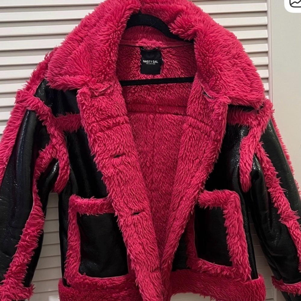 Nasty Gal Hot Pink Faux Shearling Jacket with Black Accent Panels